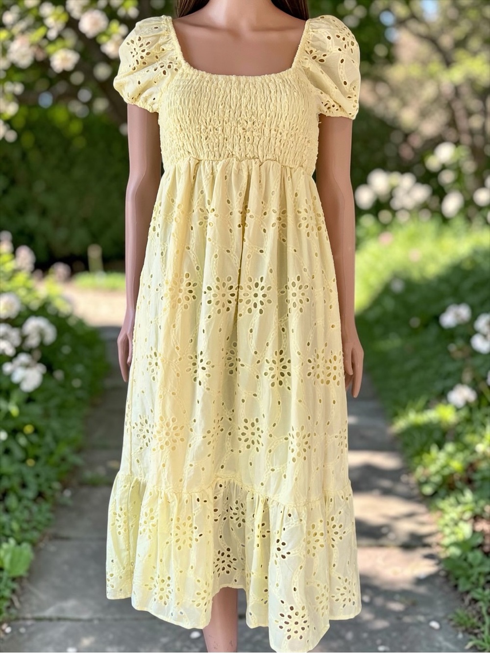 Motherhood Maternity Yellow Eyelet Cotton Smocked Midi Sundress S Pockets